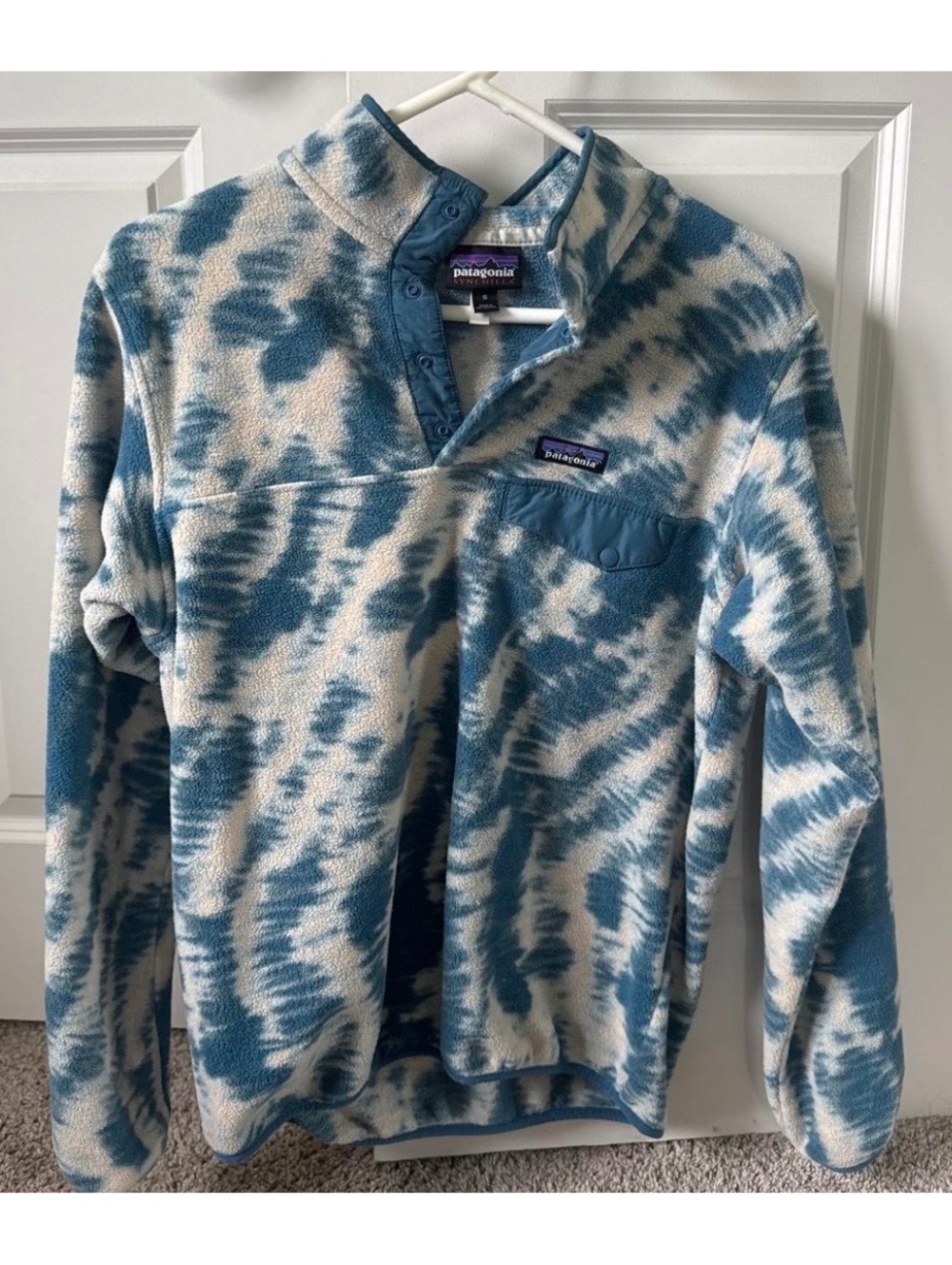 Patagonia Womenâs Medium Synchilla Mighty Mycelium Wavy Blue Fleece Pullover